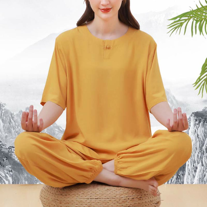 Buddha Stones 2 szt. Jednolity kolor Żaba-guzik Prosty design Okrągły dekolt Półrękaw Koszula Top Elastyczny pas Spodnie Medytacja Zen Tai Chi Bawełniana odzież damska Zestaw