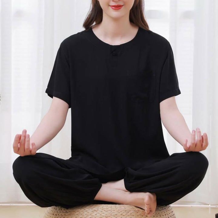Buddha Stones 2 szt. Jednolity kolor Żaba-guzik Prosty design Okrągły dekolt Półrękaw Koszula Top Elastyczny pas Spodnie Medytacja Zen Tai Chi Bawełniana odzież damska Zestaw