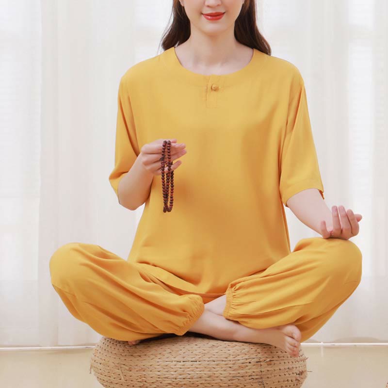 Buddha Stones 2 szt. Jednolity kolor Żaba-guzik Prosty design Okrągły dekolt Półrękaw Koszula Top Elastyczny pas Spodnie Medytacja Zen Tai Chi Bawełniana odzież damska Zestaw - image 7