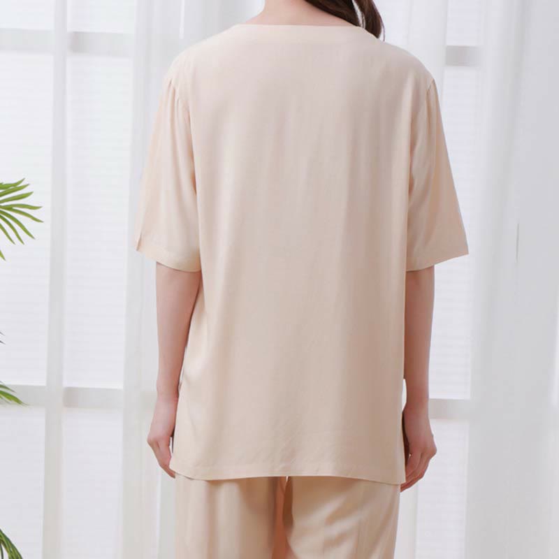 Buddha Stones 2 szt. Jednolity kolor Żaba-guzik Prosty design Okrągły dekolt Półrękaw Koszula Top Elastyczny pas Spodnie Medytacja Zen Tai Chi Bawełniana odzież damska Zestaw - image 4