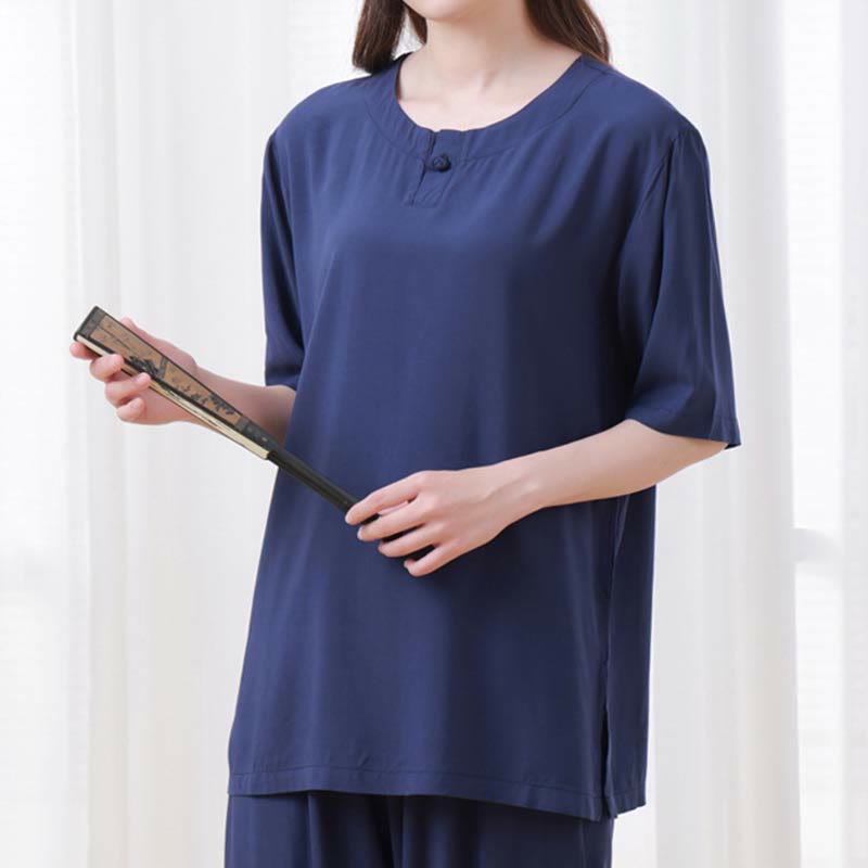 Buddha Stones 2 szt. Jednolity kolor Żaba-guzik Prosty design Okrągły dekolt Półrękaw Koszula Top Elastyczny pas Spodnie Medytacja Zen Tai Chi Bawełniana odzież damska Zestaw - image 24