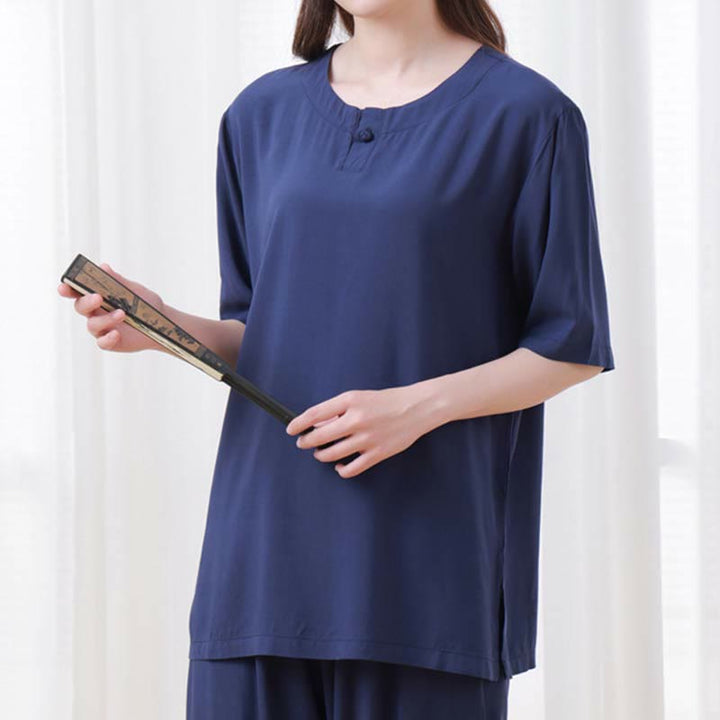 Buddha Stones 2 szt. Jednolity kolor Żaba-guzik Prosty design Okrągły dekolt Półrękaw Koszula Top Elastyczny pas Spodnie Medytacja Zen Tai Chi Bawełniana odzież damska Zestaw - image 24