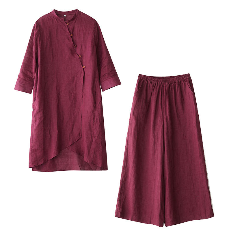 Buddha Stones, swobodny, 2 sztuki, prosta koszula z rękawem 3/4 i skośnym kołnierzykiem, szerokie nogawki, spodnie z kieszeniami, odzież do medytacji Zen Tai Chi, zestaw damski - image 18