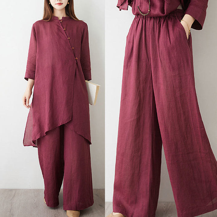 Buddha Stones, swobodny, 2 sztuki, prosta koszula z rękawem 3/4 i skośnym kołnierzykiem, szerokie nogawki, spodnie z kieszeniami, odzież do medytacji Zen Tai Chi, zestaw damski - image 17