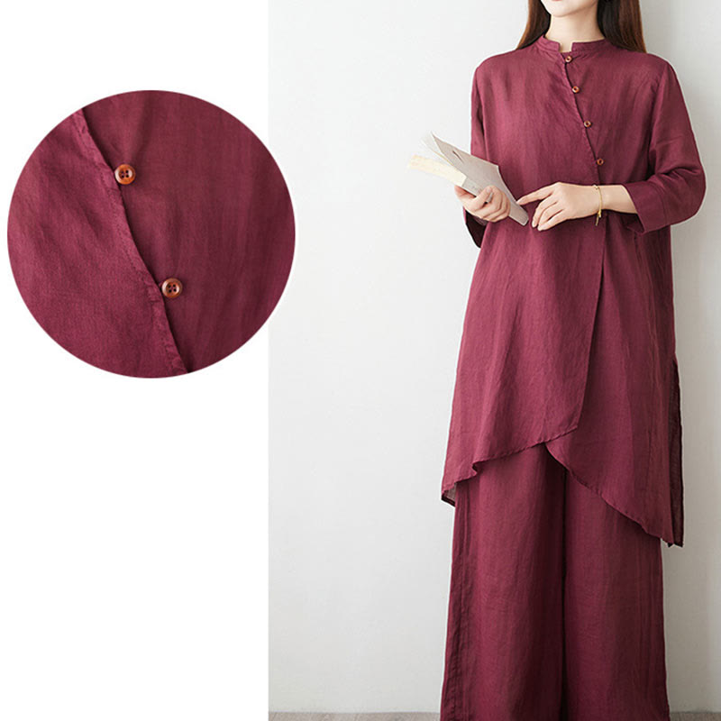 Buddha Stones, swobodny, 2 sztuki, prosta koszula z rękawem 3/4 i skośnym kołnierzykiem, szerokie nogawki, spodnie z kieszeniami, odzież do medytacji Zen Tai Chi, zestaw damski - image 8