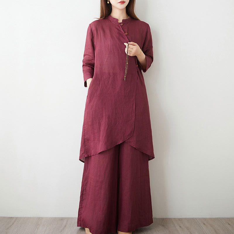 Buddha Stones, swobodny, 2 sztuki, prosta koszula z rękawem 3/4 i skośnym kołnierzykiem, szerokie nogawki, spodnie z kieszeniami, odzież do medytacji Zen Tai Chi, zestaw damski - image 3