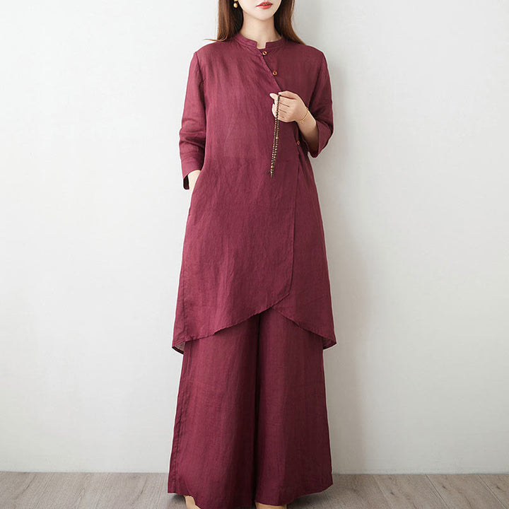 Buddha Stones, swobodny, 2 sztuki, prosta koszula z rękawem 3/4 i skośnym kołnierzykiem, szerokie nogawki, spodnie z kieszeniami, odzież do medytacji Zen Tai Chi, zestaw damski - image 3