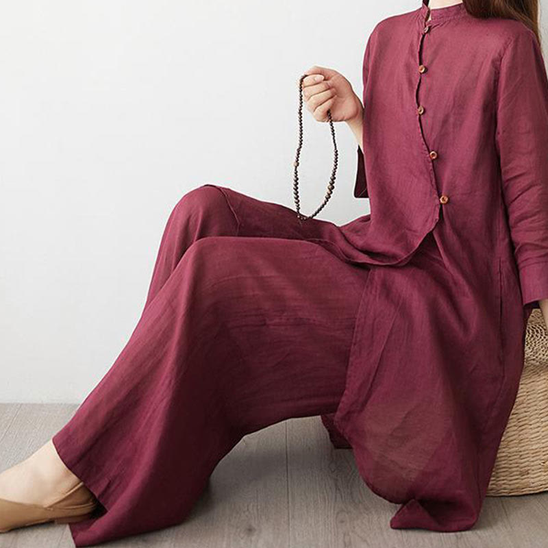 Buddha Stones, swobodny, 2 sztuki, prosta koszula z rękawem 3/4 i skośnym kołnierzykiem, szerokie nogawki, spodnie z kieszeniami, odzież do medytacji Zen Tai Chi, zestaw damski - image 7