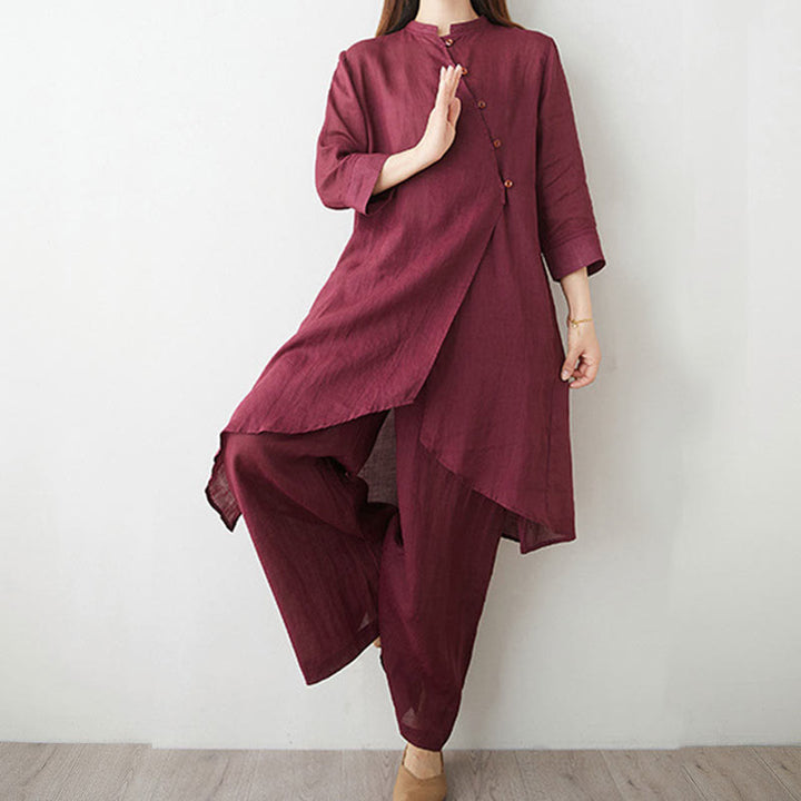 Buddha Stones, swobodny, 2 sztuki, prosta koszula z rękawem 3/4 i skośnym kołnierzykiem, szerokie nogawki, spodnie z kieszeniami, odzież do medytacji Zen Tai Chi, zestaw damski - image 6