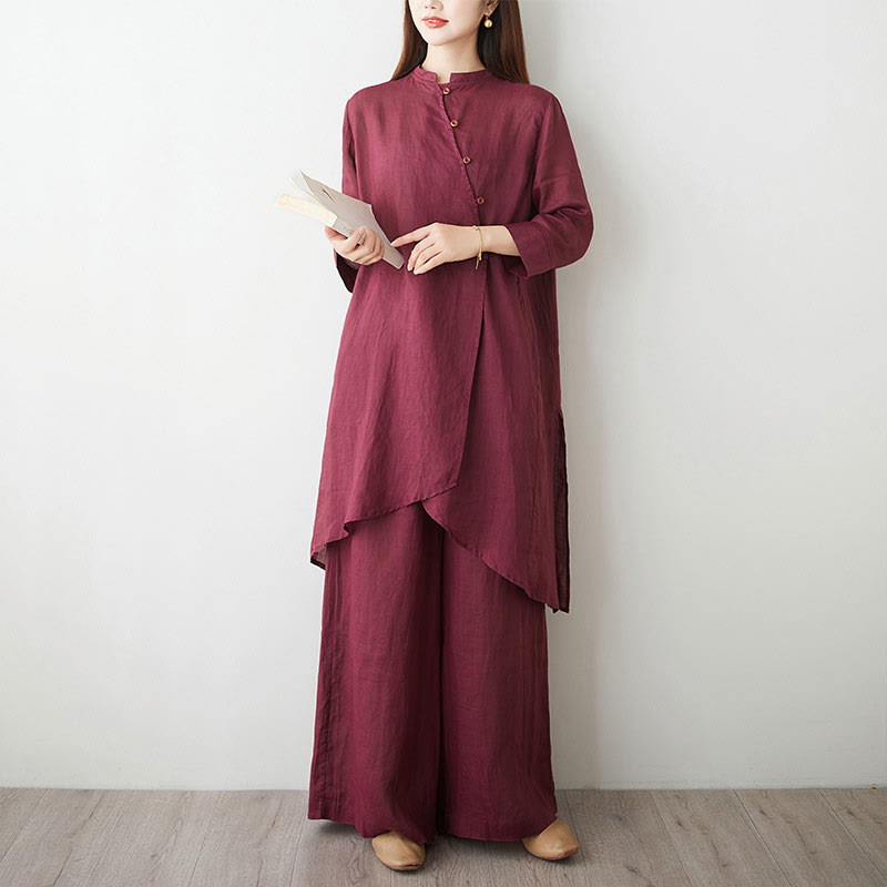 Buddha Stones, swobodny, 2 sztuki, prosta koszula z rękawem 3/4 i skośnym kołnierzykiem, szerokie nogawki, spodnie z kieszeniami, odzież do medytacji Zen Tai Chi, zestaw damski - image 2