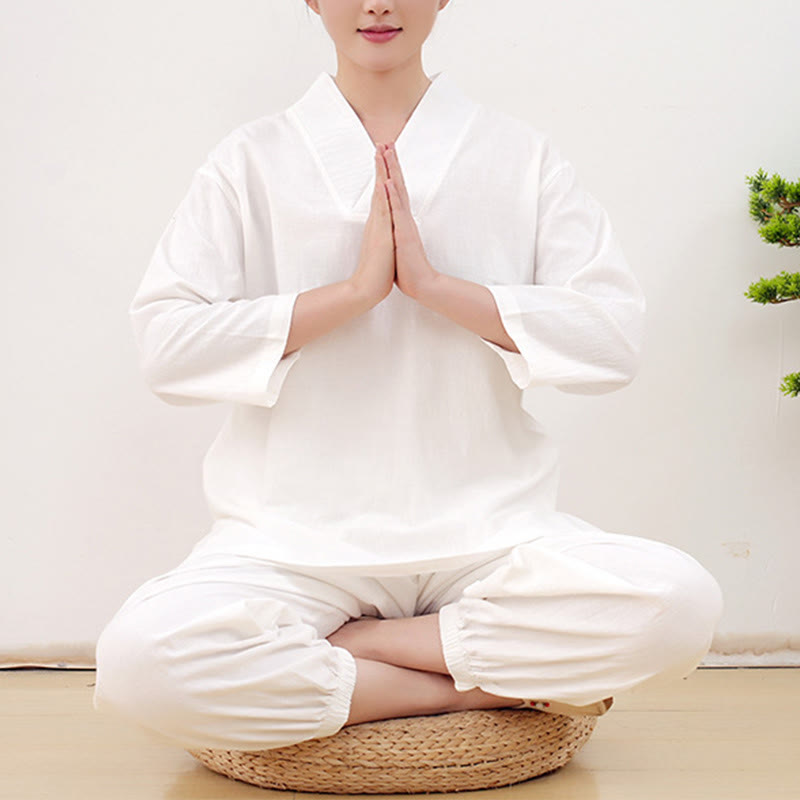 Buddha Stones Casual 2 sztuki Gładka koszula z długim rękawem z marszczeniami Spódnica z kieszeniami Medytacja Zen Tai Chi Odzież damska Zestaw