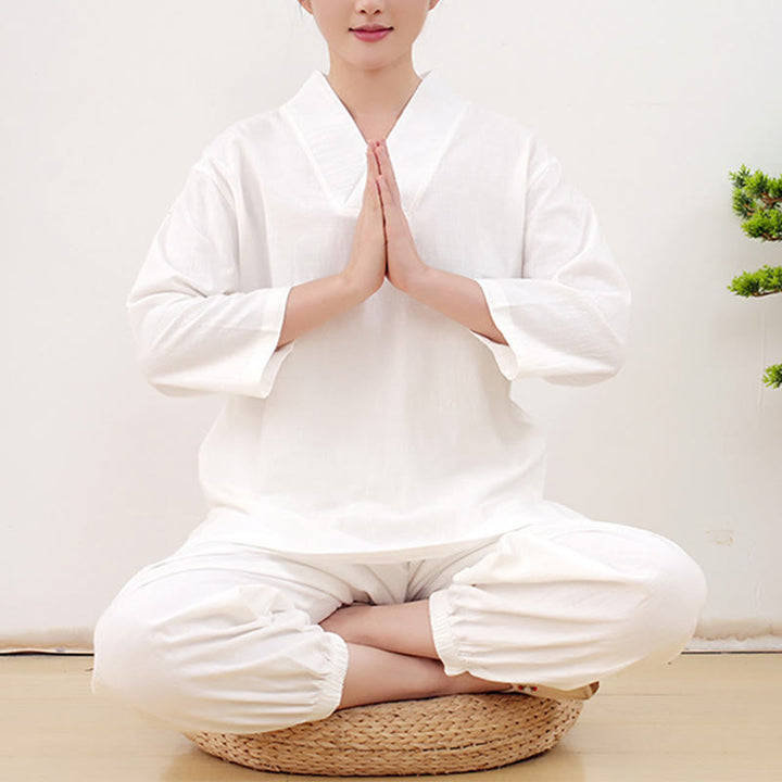 Buddha Stones Casual 2 sztuki Gładka koszula z długim rękawem z marszczeniami Spódnica z kieszeniami Medytacja Zen Tai Chi Odzież damska Zestaw - Biały - US14, UK/AU18, EU46 (2XL) - image 6