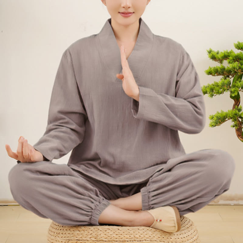 Buddha Stones Casual 2 sztuki Gładka koszula z długim rękawem z marszczeniami Spódnica z kieszeniami Medytacja Zen Tai Chi Odzież damska Zestaw - Ciemnoszary - US14, UK/AU18, EU46 (2XL) - image 3