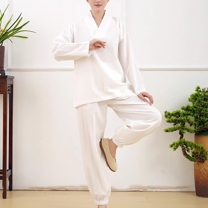 Buddha Stones Casual 2 sztuki Gładka koszula z długim rękawem z marszczeniami Spódnica z kieszeniami Medytacja Zen Tai Chi Odzież damska Zestaw - image 8