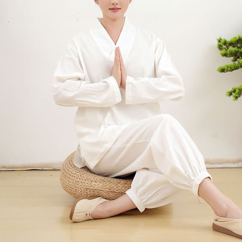 Buddha Stones Casual 2 sztuki Gładka koszula z długim rękawem z marszczeniami Spódnica z kieszeniami Medytacja Zen Tai Chi Odzież damska Zestaw - image 7