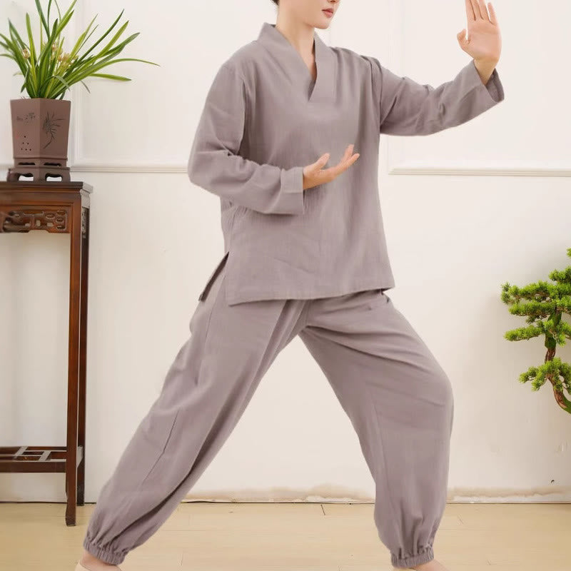 Buddha Stones Casual 2 sztuki Gładka koszula z długim rękawem z marszczeniami Spódnica z kieszeniami Medytacja Zen Tai Chi Odzież damska Zestaw - image 5