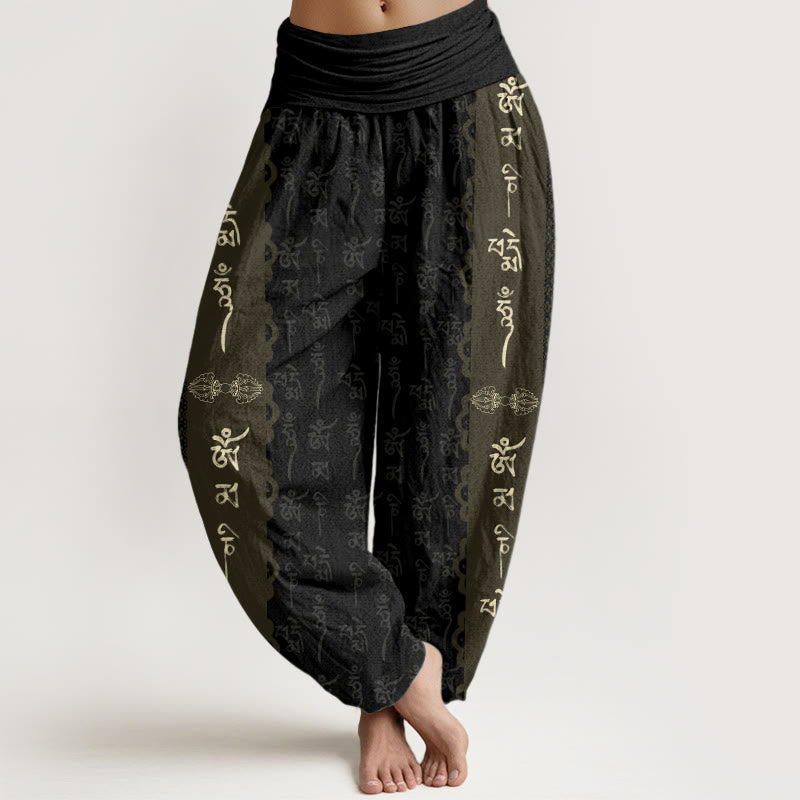 Buddha Stones Om Mani Padme Hum Wzór Damskie Spodnie Harem Elastyczny Pas - Czarny - US22, UK/AU26, EU54 (6XL) - image 1