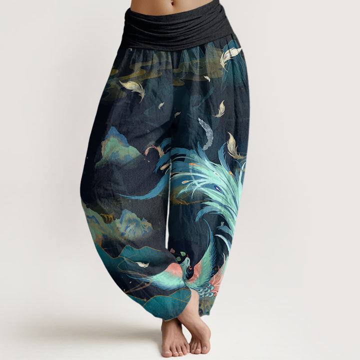 Spodnie haremki damskie z elastyczną talią i wzorem w chmury górskie i Buddha Stones - Ciemnocyjanowy - US22, UK/AU26, EU54 (6XL) - image 0