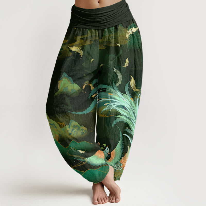 Spodnie haremki damskie z elastyczną talią i wzorem w chmury górskie i Buddha Stones - Oliwkowy - US22, UK/AU26, EU54 (6XL) - image 4