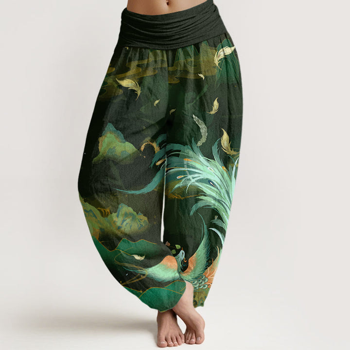 Spodnie haremki damskie z elastyczną talią i wzorem w chmury górskie i Buddha Stones - Oliwkowy - US22, UK/AU26, EU54 (6XL) - image 4