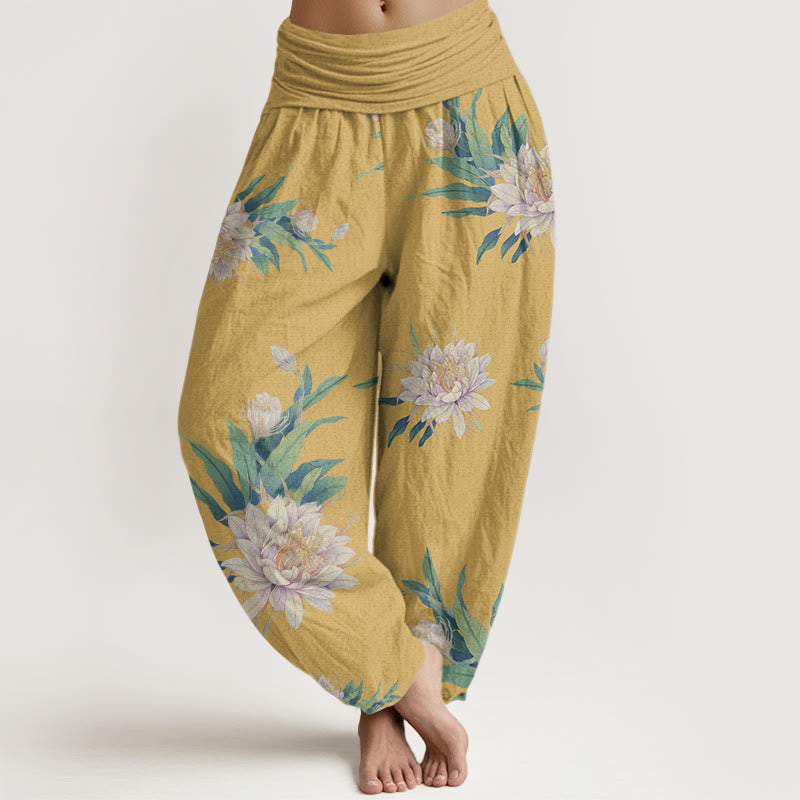 Spodnie haremowe damskie z elastycznym pasem i wzorem epifyllum z Buddha Stones - Złoto - US22, UK/AU26, EU54 (6XL) - image 8
