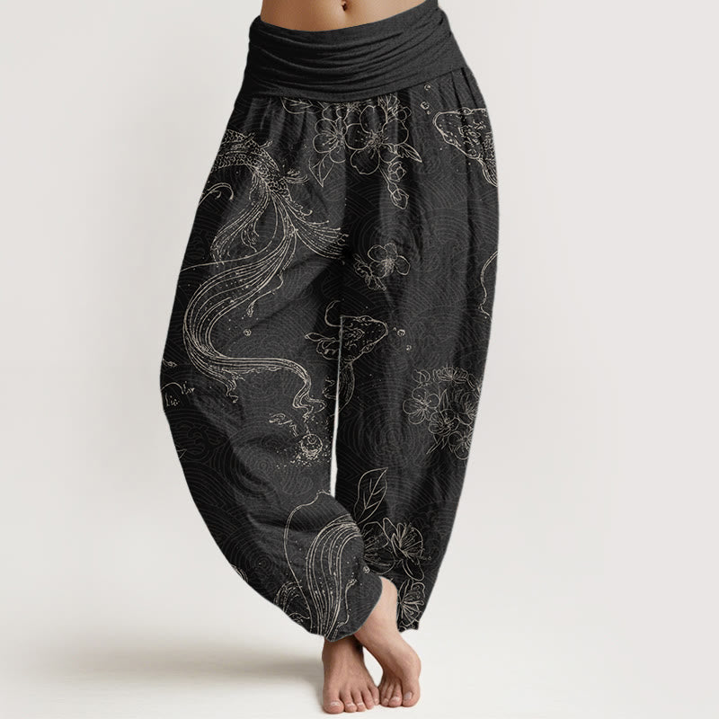 Buddha Stones Czysta bawełna Koi Fish Floral Pattern Damskie spodnie haremowe z elastyczną talią - Czarny - US22, UK/AU26, EU54 (6XL) - image 0