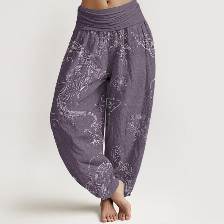 Buddha Stones Czysta bawełna Koi Fish Floral Pattern Damskie spodnie haremowe z elastyczną talią - Średniofioletowy - US22, UK/AU26, EU54 (6XL) - image 5