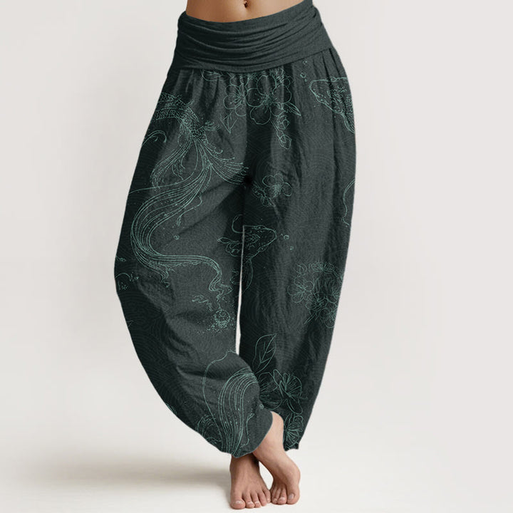 Buddha Stones Czysta bawełna Koi Fish Floral Pattern Damskie spodnie haremowe z elastyczną talią - Ciemnocyjanowy - US22, UK/AU26, EU54 (6XL) - image 8
