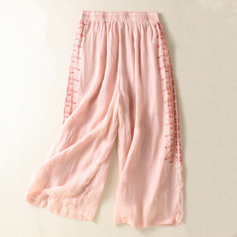 Buddha Stones Etniczne Haftowane Sznurek Bawełniany Len Damskie Spodnie Szerokie Nogawki Wysoki Stan Z Kieszeniami - Jasnoróżowy - US8-10，UK/AU12-14，EU40-42 (2XL) - image 6