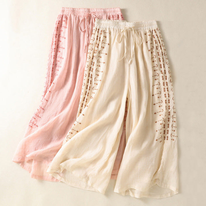 Buddha Stones Etniczne Haftowane Sznurek Bawełniany Len Damskie Spodnie Szerokie Nogawki Wysoki Stan Z Kieszeniami - image 14