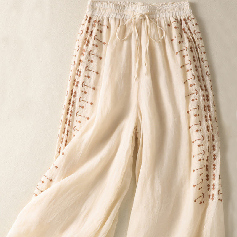 Buddha Stones Etniczne Haftowane Sznurek Bawełniany Len Damskie Spodnie Szerokie Nogawki Wysoki Stan Z Kieszeniami - image 1
