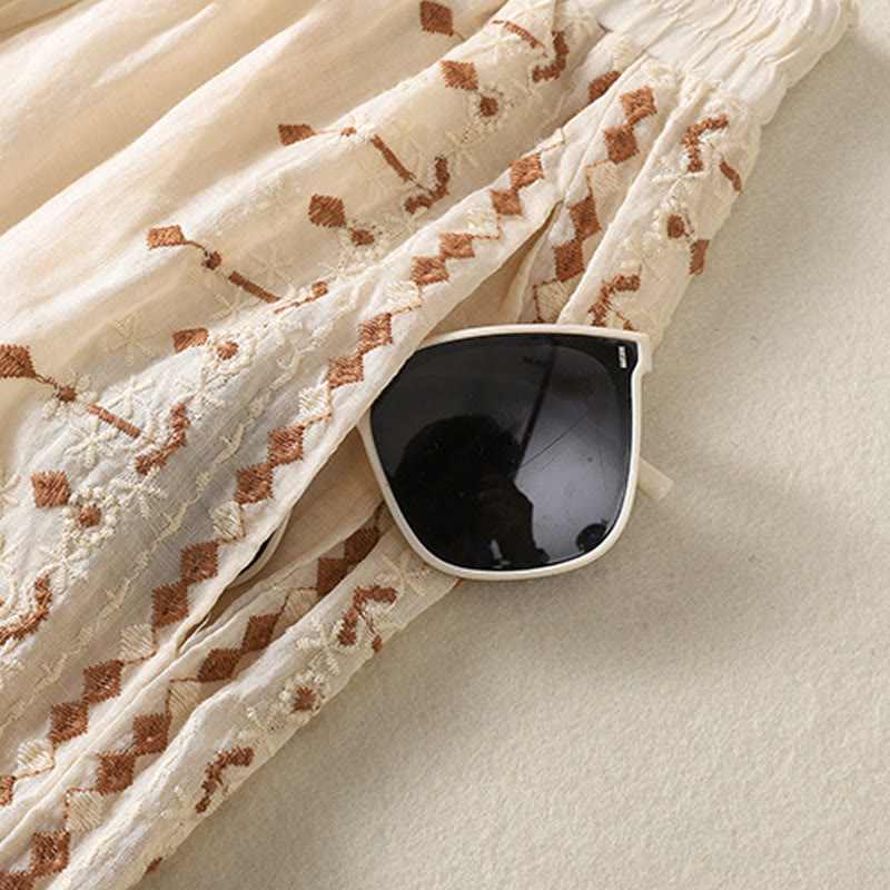 Buddha Stones Etniczne Haftowane Sznurek Bawełniany Len Damskie Spodnie Szerokie Nogawki Wysoki Stan Z Kieszeniami - image 4