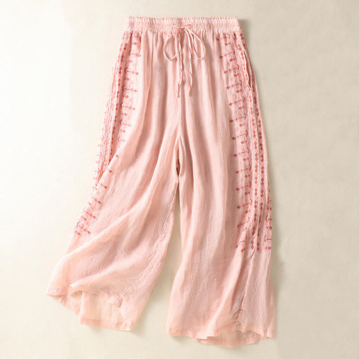 Buddha Stones Etniczne Haftowane Sznurek Bawełniany Len Damskie Spodnie Szerokie Nogawki Wysoki Stan Z Kieszeniami - image 7