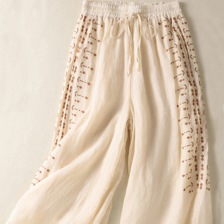 Buddha Stones Etniczne Haftowane Sznurek Bawełniany Len Damskie Spodnie Szerokie Nogawki Wysoki Stan Z Kieszeniami - image 1