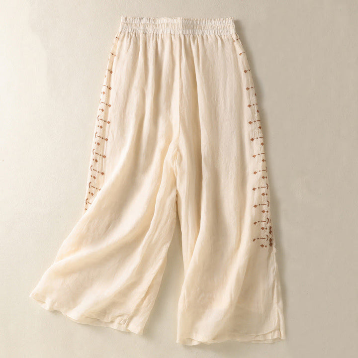 Buddha Stones Etniczne Haftowane Sznurek Bawełniany Len Damskie Spodnie Szerokie Nogawki Wysoki Stan Z Kieszeniami - Cytrynowe Szyfony - US8-10，UK/AU12-14，EU40-42 (2XL) - image 0