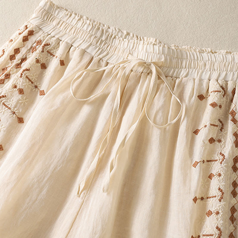 Buddha Stones Etniczne Haftowane Sznurek Bawełniany Len Damskie Spodnie Szerokie Nogawki Wysoki Stan Z Kieszeniami - image 2