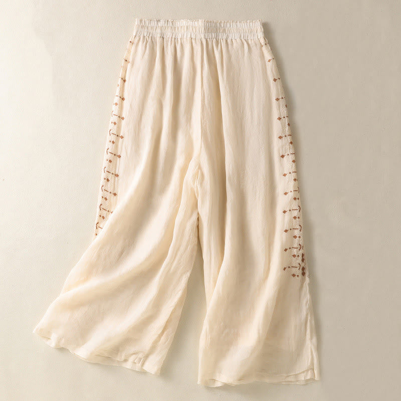 Buddha Stones Etniczne Haftowane Sznurek Bawełniany Len Damskie Spodnie Szerokie Nogawki Wysoki Stan Z Kieszeniami - Cytrynowe Szyfony - US8-10，UK/AU12-14，EU40-42 (2XL) - image 0