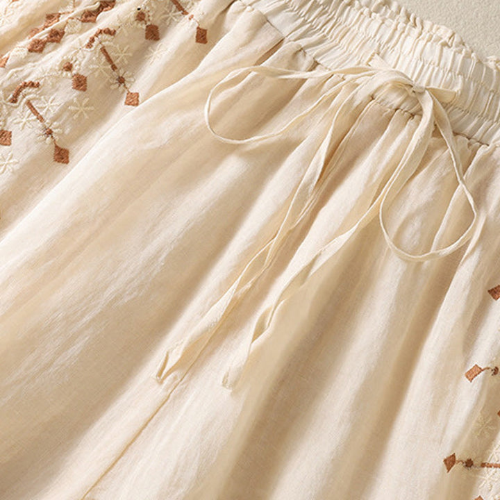 Buddha Stones Etniczne Haftowane Sznurek Bawełniany Len Damskie Spodnie Szerokie Nogawki Wysoki Stan Z Kieszeniami - image 3