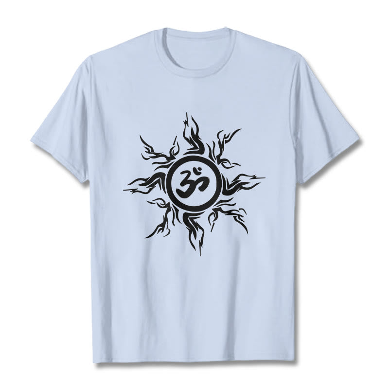Wzór słonecznych Buddha Stones otaczający symbol Om Wzór bawełniany T-shirt - Jasnoniebieski - 2XL - image 18