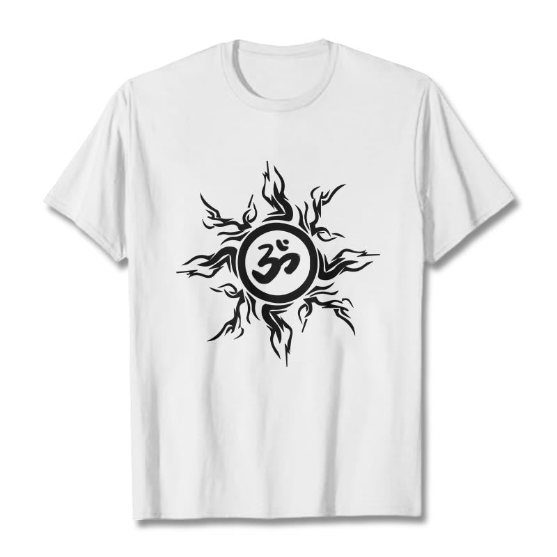 Wzór słonecznych Buddha Stones otaczający symbol Om Wzór bawełniany T-shirt - Biały - 2XL - image 0