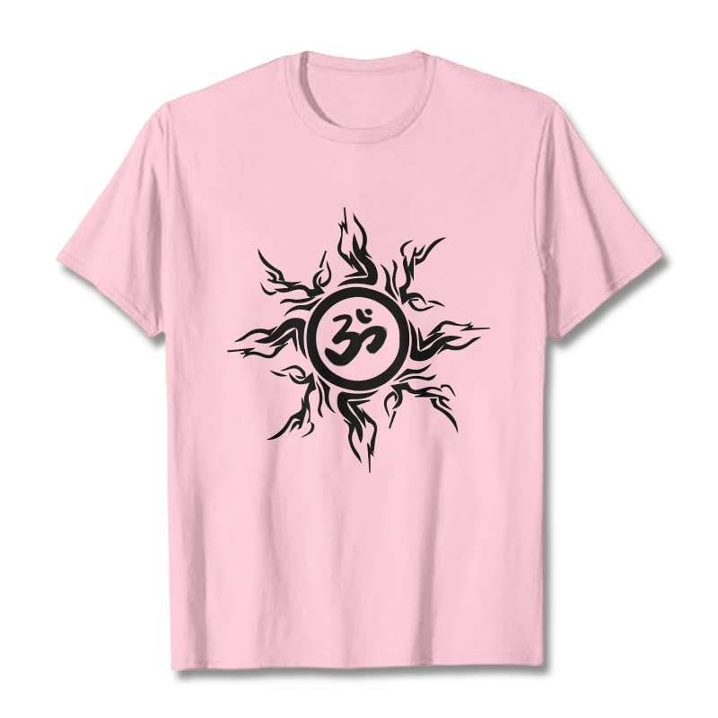 Wzór słonecznych Buddha Stones otaczający symbol Om Wzór bawełniany T-shirt - Jasnoróżowy - 2XL - image 13