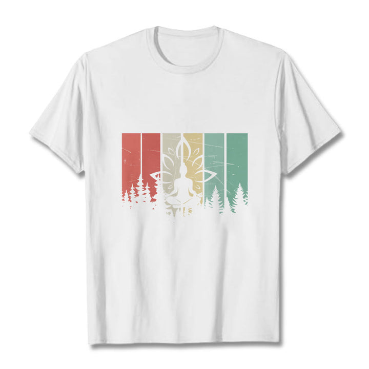 Buddha Stones Statua Buddy Medytująca W Pozycji Lotosu Wzór Cienia Bawełniana Koszulka T-shirt - Biały - 2XL - image 5