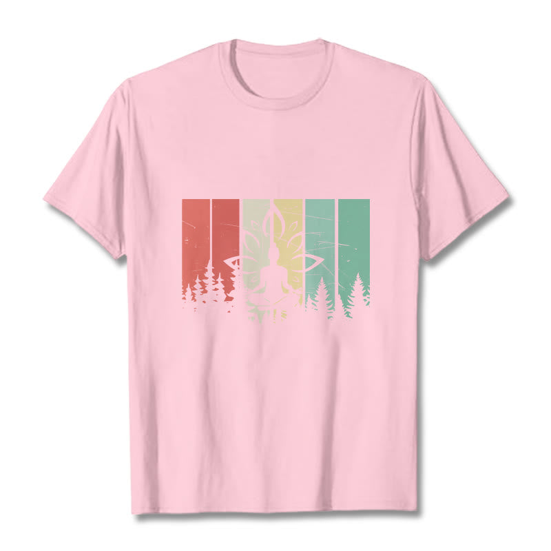 Buddha Stones Statua Buddy Medytująca W Pozycji Lotosu Wzór Cienia Bawełniana Koszulka T-shirt - Jasnoróżowy - 2XL - image 12
