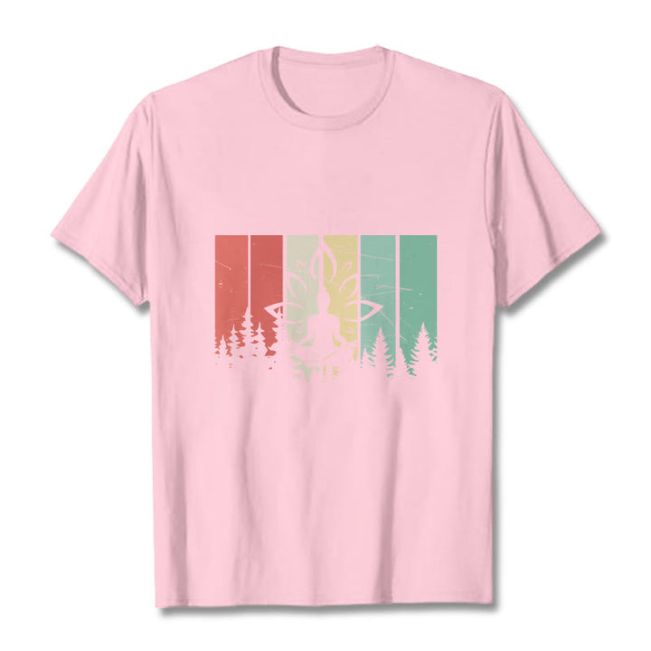 Buddha Stones Statua Buddy Medytująca W Pozycji Lotosu Wzór Cienia Bawełniana Koszulka T-shirt - Jasnoróżowy - 2XL - image 12
