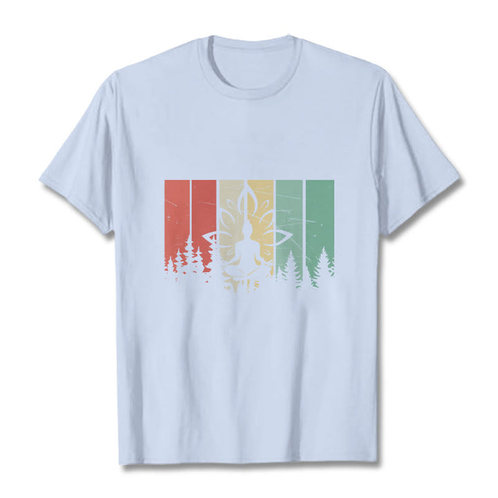 Buddha Stones Statua Buddy Medytująca W Pozycji Lotosu Wzór Cienia Bawełniana Koszulka T-shirt - Jasnoniebieski - 2XL - image 18