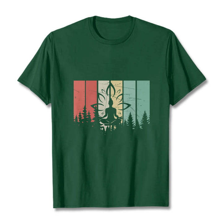 Buddha Stones Statua Buddy Medytująca W Pozycji Lotosu Wzór Cienia Bawełniana Koszulka T-shirt - ForestGreen - 2XL - image 11