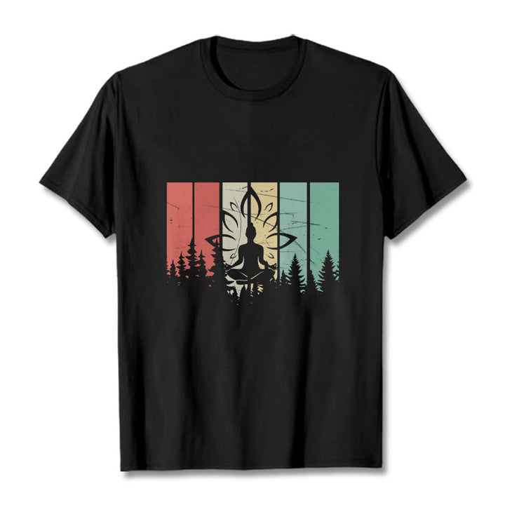 Buddha Stones Statua Buddy Medytująca W Pozycji Lotosu Wzór Cienia Bawełniana Koszulka T-shirt - Czarny - 2XL - image 0