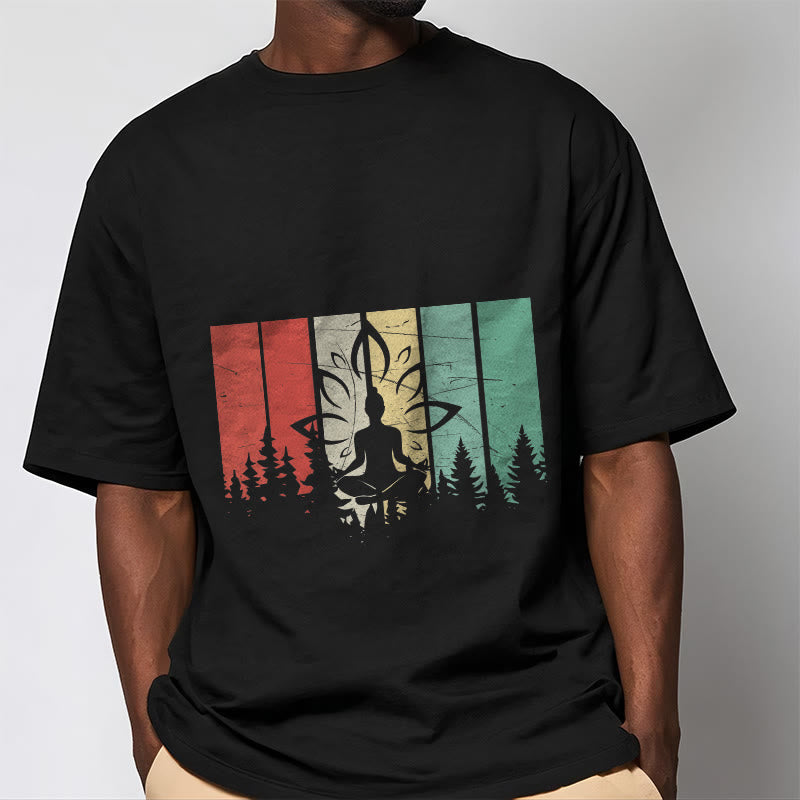 Buddha Stones Statua Buddy Medytująca W Pozycji Lotosu Wzór Cienia Bawełniana Koszulka T-shirt - image 1