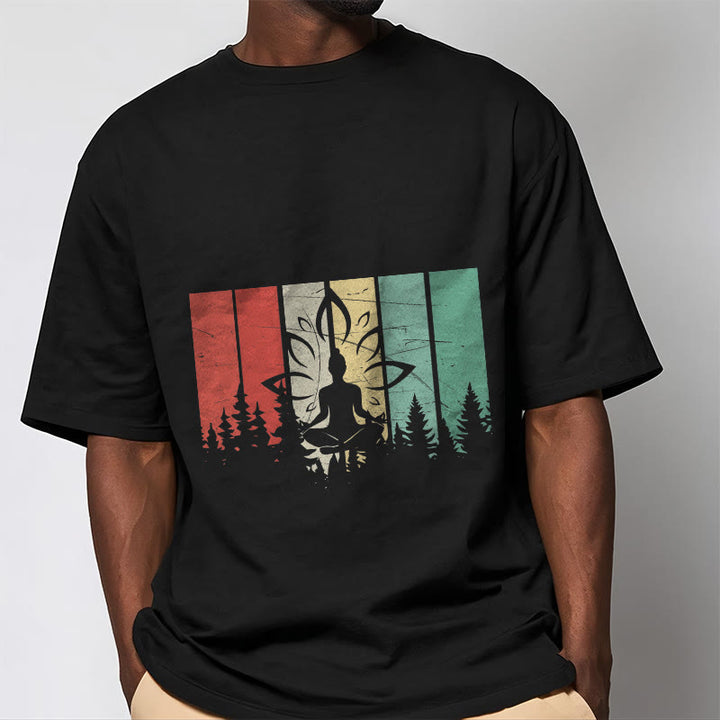 Buddha Stones Statua Buddy Medytująca W Pozycji Lotosu Wzór Cienia Bawełniana Koszulka T-shirt - image 1