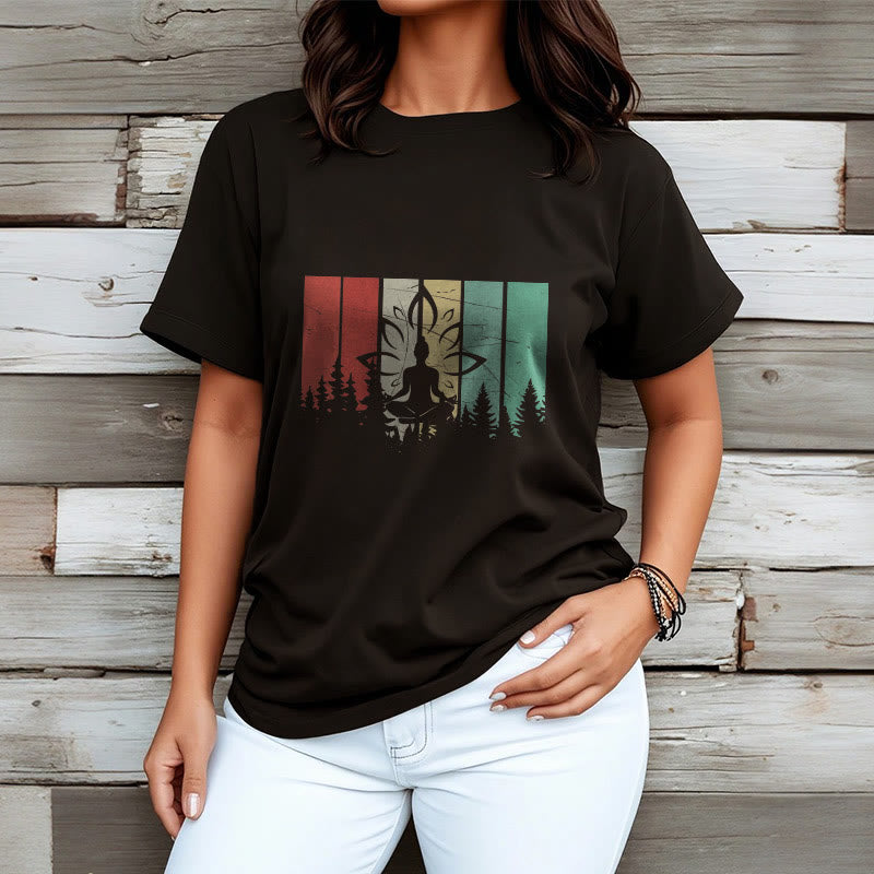Buddha Stones Statua Buddy Medytująca W Pozycji Lotosu Wzór Cienia Bawełniana Koszulka T-shirt - image 2